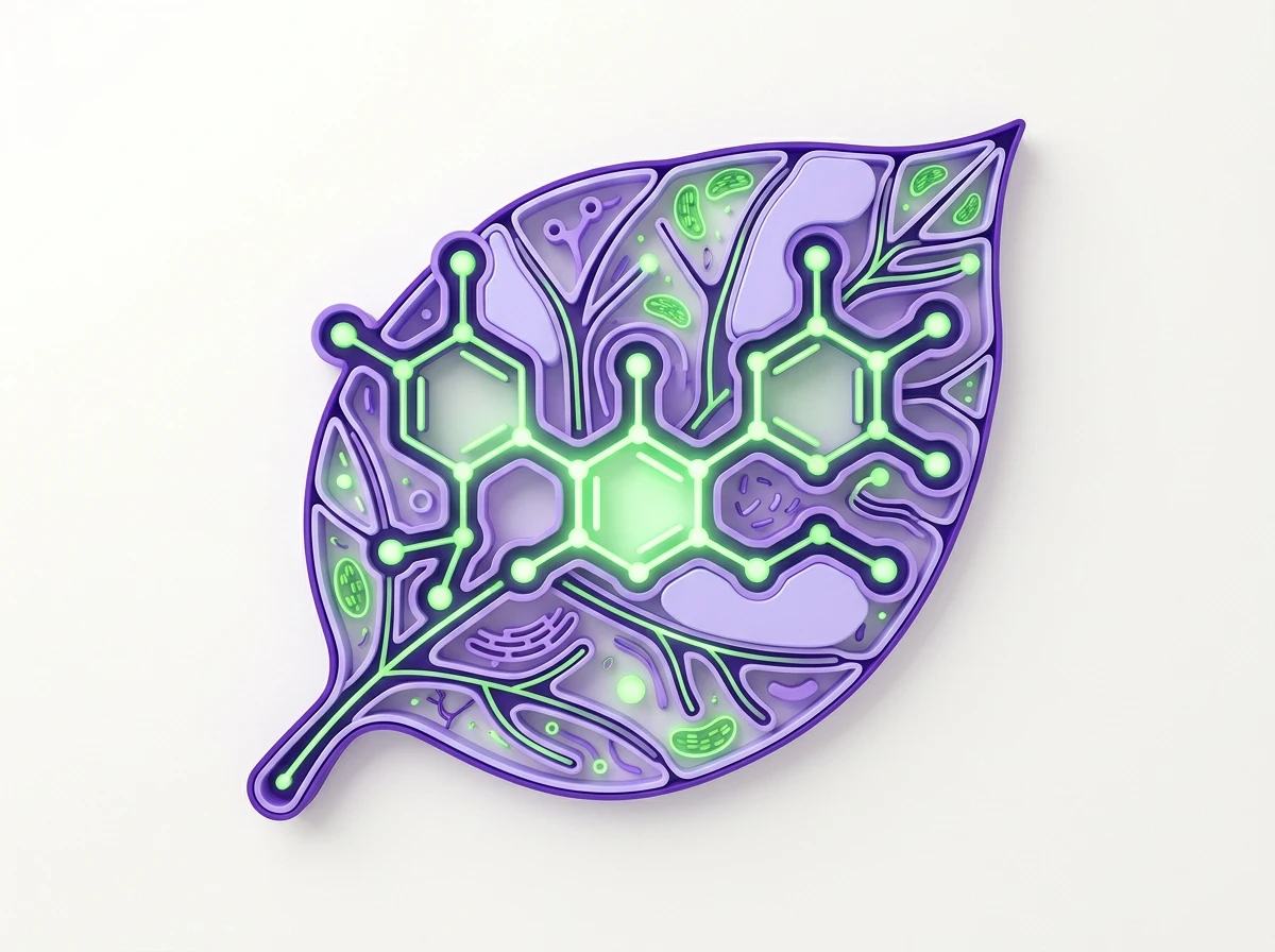 Illustratie van botanisch plantenextract molecuul in teal en violet kleurpalet